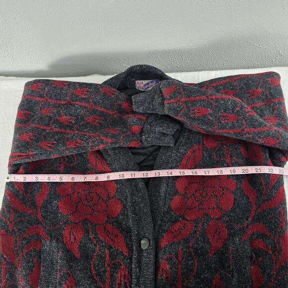 New Wang Kong VTG Rose Floral Grey Red Woman Cardigan Jacket Large Grannycore - Picture 4 of 9